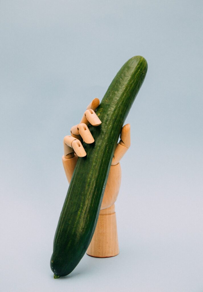 A fat penis-like cucumber in the grip of a mannequin's hand
