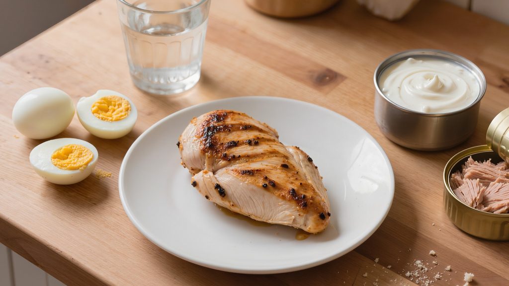 Image: A chicken breast, a tin of tuna, a pot of Greek yoghurt and two eggs get you most of the way to 150 g of protein.